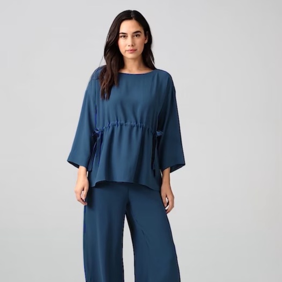 Eileen Fisher Silk Georgette Crepe Drawstring Top, Blue, XL - Picture 1 of 10